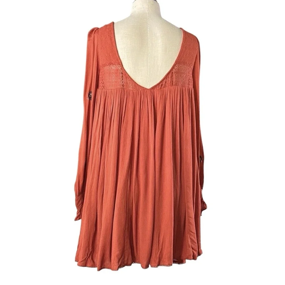 Free People Desert Dreams Embroidered Mini Dress Orange Boho Babydoll Size M